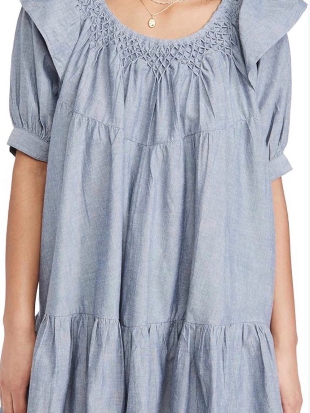 Free People Light Blue Chambray Smocked Yoke Mini Dress